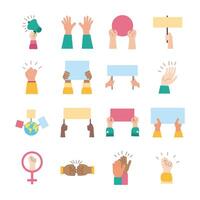 bundle of hands protest set icons vector