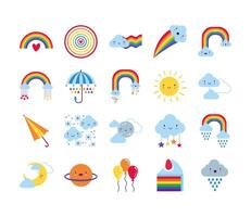 bundle of twenty rainbows and kawaii characters vector