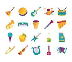 bundle of twenty musical instruments set icons vector