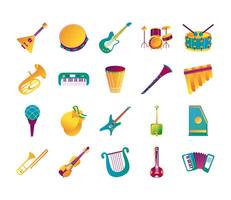 paquete de veinte instrumentos musicales establecer iconos vector