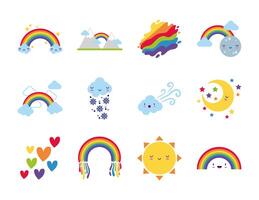 bundle of twelve rainbows and kawaii characters icons vector