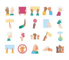 bundle of hands protest set icons vector