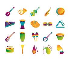 Paquete de veinte instrumentos musicales set iconos de colección vector