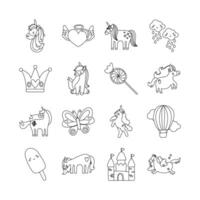 paquete de iconos de conjunto de unicornio de cuento de hadas vector