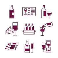 paquete de nueve iconos de set de vino vector