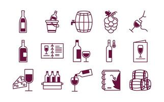 paquete de quince iconos de set de vino vector