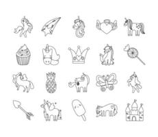 paquete de iconos de conjunto de unicornio de cuento de hadas vector