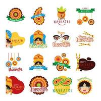 bundle of happy navratri celebration set icons vector