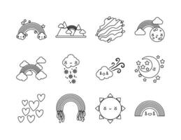 bundle of twelve rainbows and kawaii characters icons vector