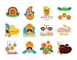 bundle of happy navratri celebration set icons vector