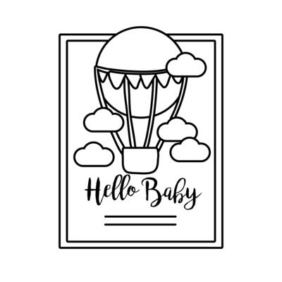 baby shower frame card with balloon air hot and hello baby lettering line style