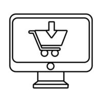 escritorio con icono de estilo de línea de carrito de compras vector