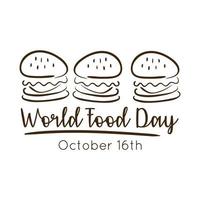 Letras de celebración del día mundial de la comida con estilo de línea de hamburguesas vector