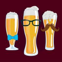 Group of beer drinking glass with mustache glasses and bowtie vector