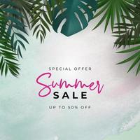 Summer sale poster. Natural Background with Tropical Palm Leaves.