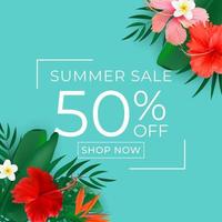 Summer sale poster. Natural Background with Tropical Palm and Monstera Leaves, exotic flower.