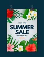 Summer sale poster. Natural Background with Tropical Palm Leaves, exotic plumeria and hibiscus flower