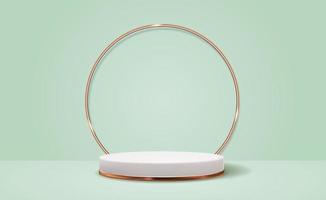 Fondo de pedestal 3d blanco con marco de anillo dorado para presentación de productos cosméticos revista de moda vector