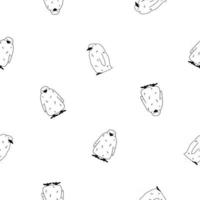 Vector seamless pattern of outline king penguin children chicks Doodle cartoon isolated kid fluffy animals on white background Front and side views