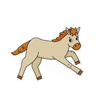 Vista lateral de perfil de un potro de caballo bebé beige blanco marrón lindo contorno vector animal de dibujos animados corre y salta mira a la cámara aislada sobre fondo blanco