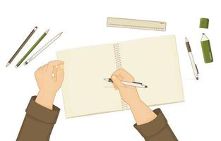 Exercise book or notebook for summary notes pen pencil marker ruler are on table Human starts writing something hands are shown White pen is in right hand Elements are isolated white background vector