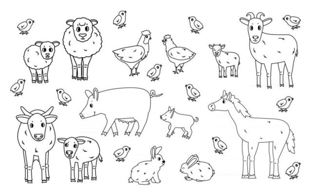 Set of cute doodle black outline vector cartoon animals at farm Sheep ram cow bull calf chicken rooster goat mother and kid pig small and big rabbit hare horse isolated on white Set of cute doodle black outline vector cartoon animals at farm Sheep ram cow bull calf chicken rooster goat mother and kid pig small and big rabbit hare horse isolated on white