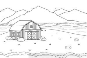 Black white monochrome Summer or spring farm concept in countryside Cartoon doodle vector cute Red barn fence and clouds field and trees bushes and plants for animal life background coloring book