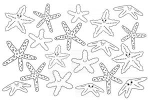 Set of vector black white isolated outline cartoon colorful sea stars or Starfish with eyes Smile Doodle Marine invertebrates with five arms on white background for kids coloring book or print