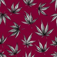 Seamless pattern of black hemp on a red background. Marijuana pattern on red background. Vector illustration. Modern fashion cannabis template for textiles, paper, web design. Vector illustration