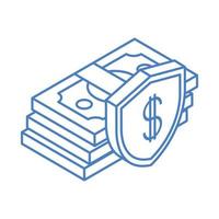 Pila de moneda en efectivo de dinero isométrico de protección de billetes aislado sobre fondo blanco icono azul lineal vector