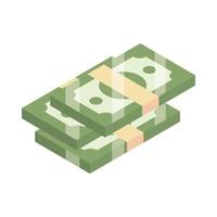 Dinero en efectivo isométrico moneda billetes apilados aislado sobre fondo blanco icono plano vector