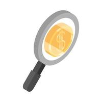 isometric money cash currency coin magnifier isolated on white background flat icon vector