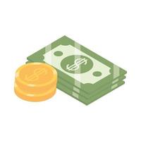 isometric money cash currency banknotes and coins stacked isolated on white background flat icon vector