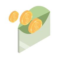 Dinero en efectivo isométrico monedas en moneda ahorro de sobres aislado sobre fondo blanco icono plano vector