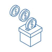 Dinero en efectivo isométrico empujando monedas en caja aislada sobre fondo blanco icono azul lineal vector