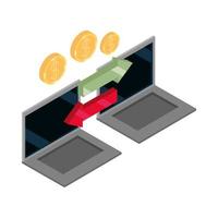 isometric money cash currency laptop connected transfer banking isolated on white background flat icon vector