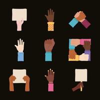 bundle of nine hands protest set icons vector