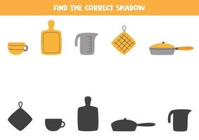 Find the correct shadows of kitchen tools Logical puzzle for kids vector