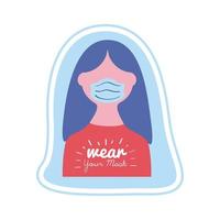 wear your mask lettering campaign with woman wearing mask vector