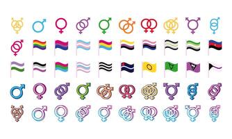 bundle of genders symbols of sexual orientation and flags multi style icons vector