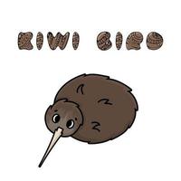 contorno vectorial doodle kiwi con texto de dibujos animados ilustración aislada de animal pájaro no volador marrón sentado en el suelo sobre fondo blanco vector