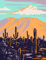 Saguaro Cactus with Wasson Peak in Tucson Mountains Located Within the Saguaro National Park in Arizona WPA Poster Art vector