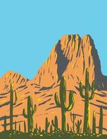 Cactus saguaro con pico de colmena en las montañas de Tucson ubicado dentro del parque nacional saguaro en Arizona wpa poster art vector