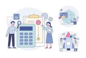 People analyzing data with calculators, meeting online in front of a globe, scientists doing rocket research. Outline flat design style minimal vector illustration set.