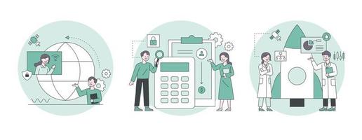 People analyzing data with calculators, meeting online in front of a globe, scientists doing rocket research. Outline flat design style minimal vector illustration set.