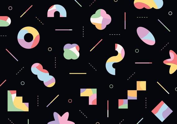 Figures with colorful patterns are freely arranged on a black background.