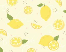 Hand drawn lemon and lemon slices on bright yellow pattern background. vector