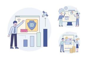 People upgrading online security, people making financial transactions online, experts checking graph analysis results. Outline flat design style minimal vector illustration set.