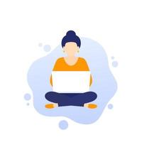 girl with laptop sitting in lotus pose or young freelancer working vector