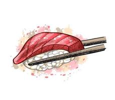 Gunkan sushi with tuna from a splash of watercolor hand drawn sketch Vector illustration of paints